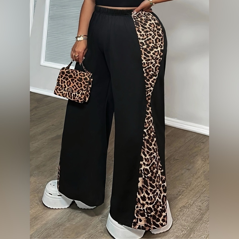 Plus Size Leopard Print Wide Leg Pants